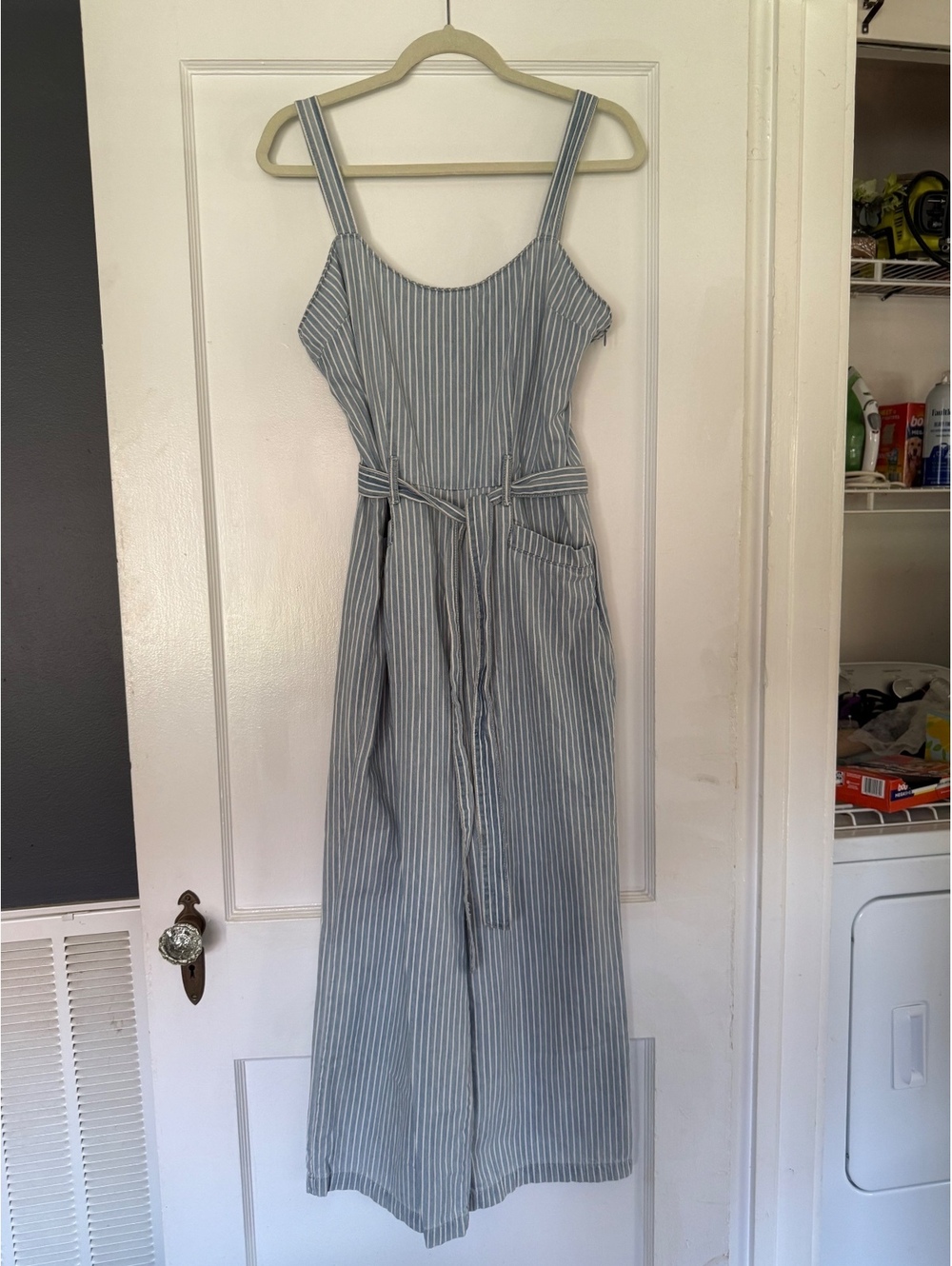 REWASH Blue and White Striped Jumpsuit with Belt Size S